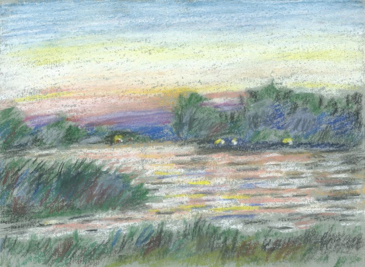 Sunset with mauve and gold mist from near Petersham Meadow Richmond  soft pastels